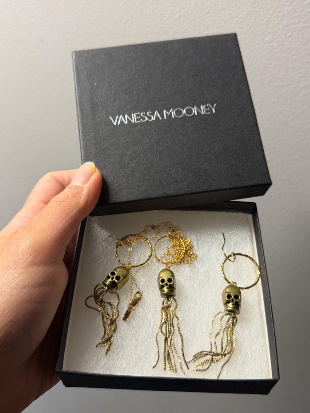 Vanessa Mooney Gold Skull Hoop Tassel Earring AND matching necklace